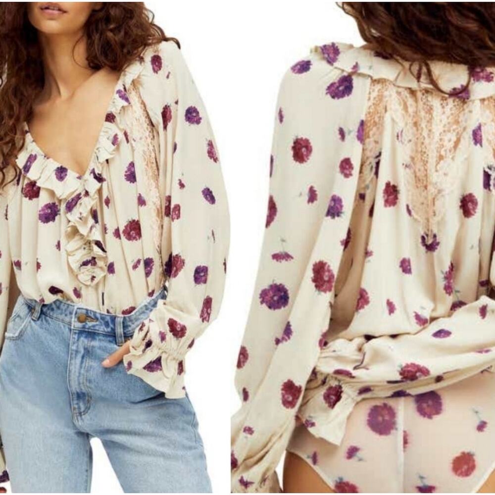 Sz Large FREE PEOPLE  Wine Poppy Printed Ruffled Long-Sleeved V-neck Bodysuit